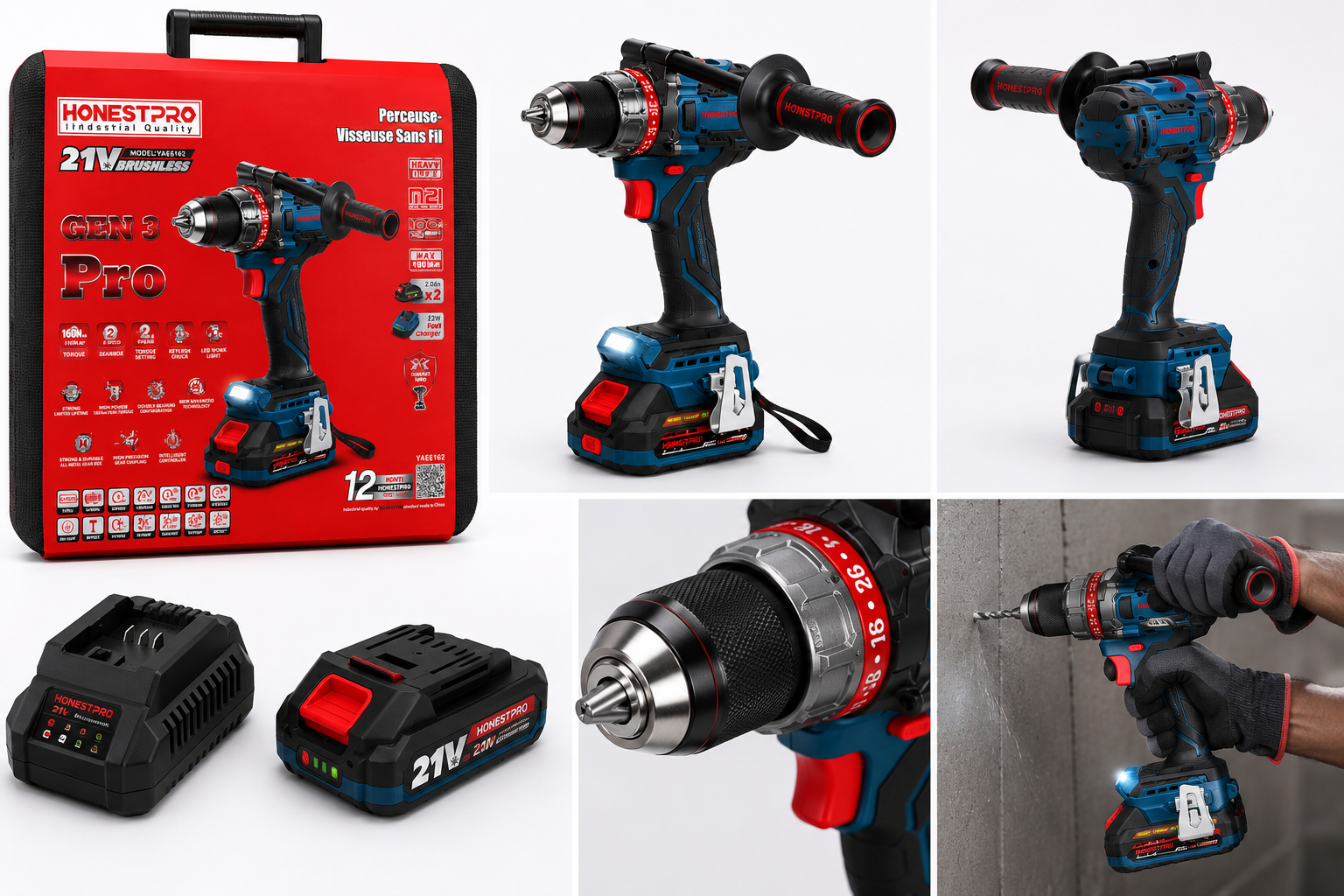 🔥 Perceuse-Visseuse Sans Fil HonestPro GEN 3 Pro 21V Brushless – 160Nm | 2 Batteries + Chargeur + Coffret
