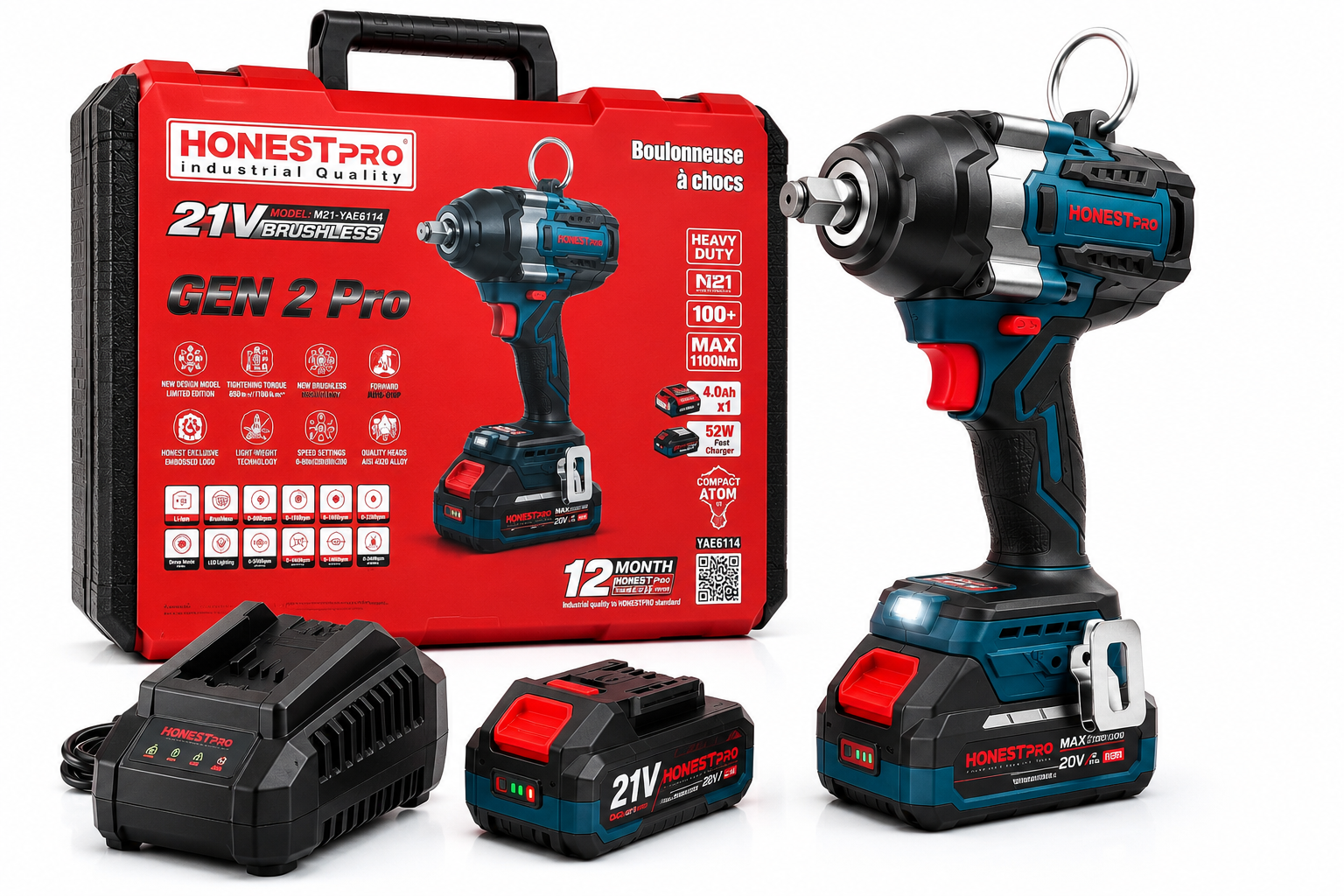 🔥 Boulonneuse à Chocs Sans Fil HonestPro GEN 2 Pro 21V Brushless – 1100Nm | Batterie 4.0Ah + Chargeur Rapide + Coffret