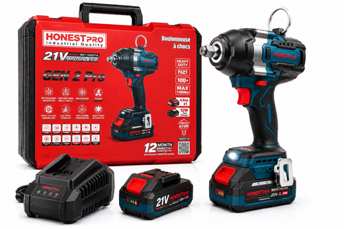 🔥 Boulonneuse à Chocs Sans Fil HonestPro GEN 2 Pro 21V Brushless – 1100Nm | Batterie 4.0Ah + Chargeur Rapide + Coffret