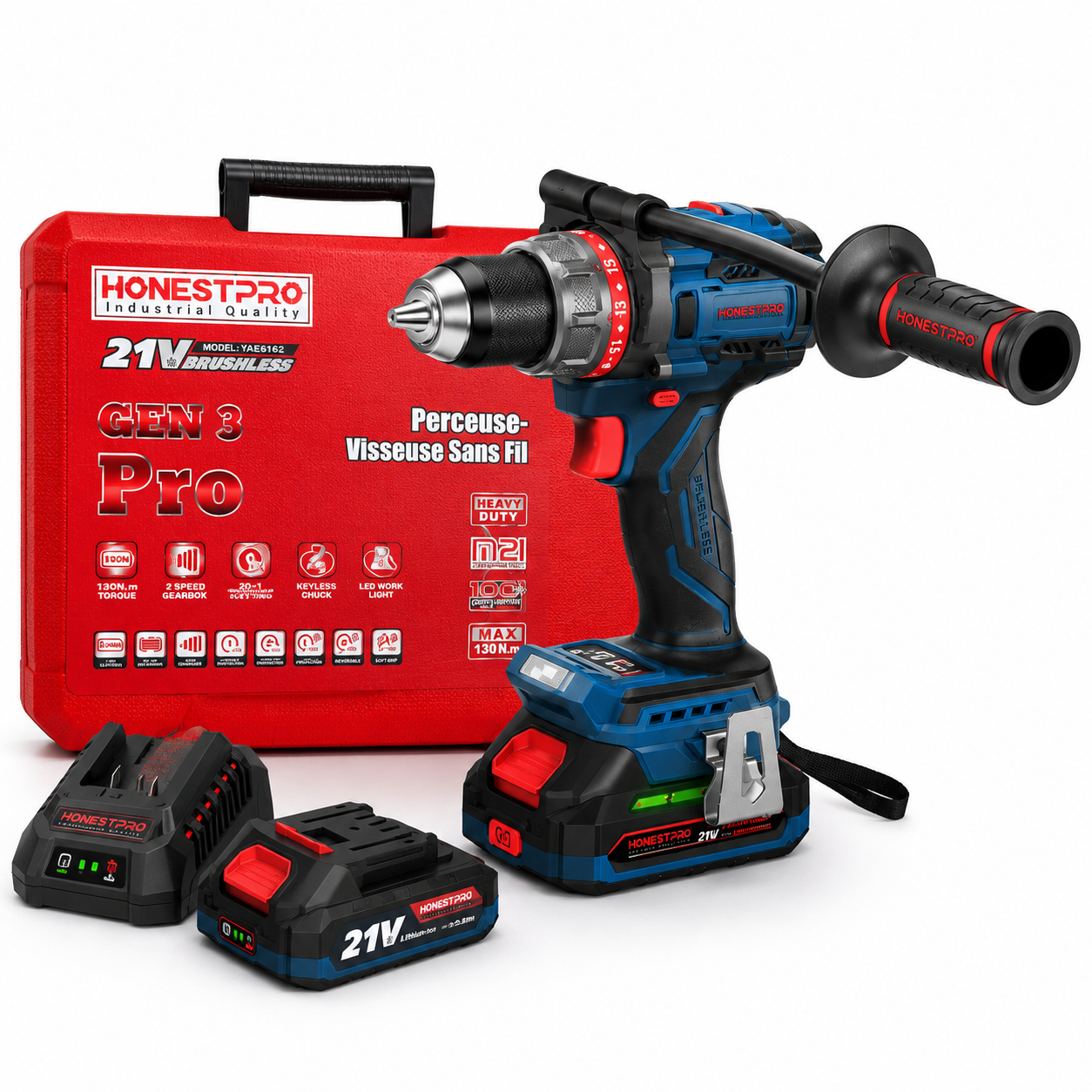 🔥 Perceuse-Visseuse Sans Fil HonestPro GEN 3 Pro 21V Brushless – 130Nm | 2 Batteries + Chargeur + Coffret