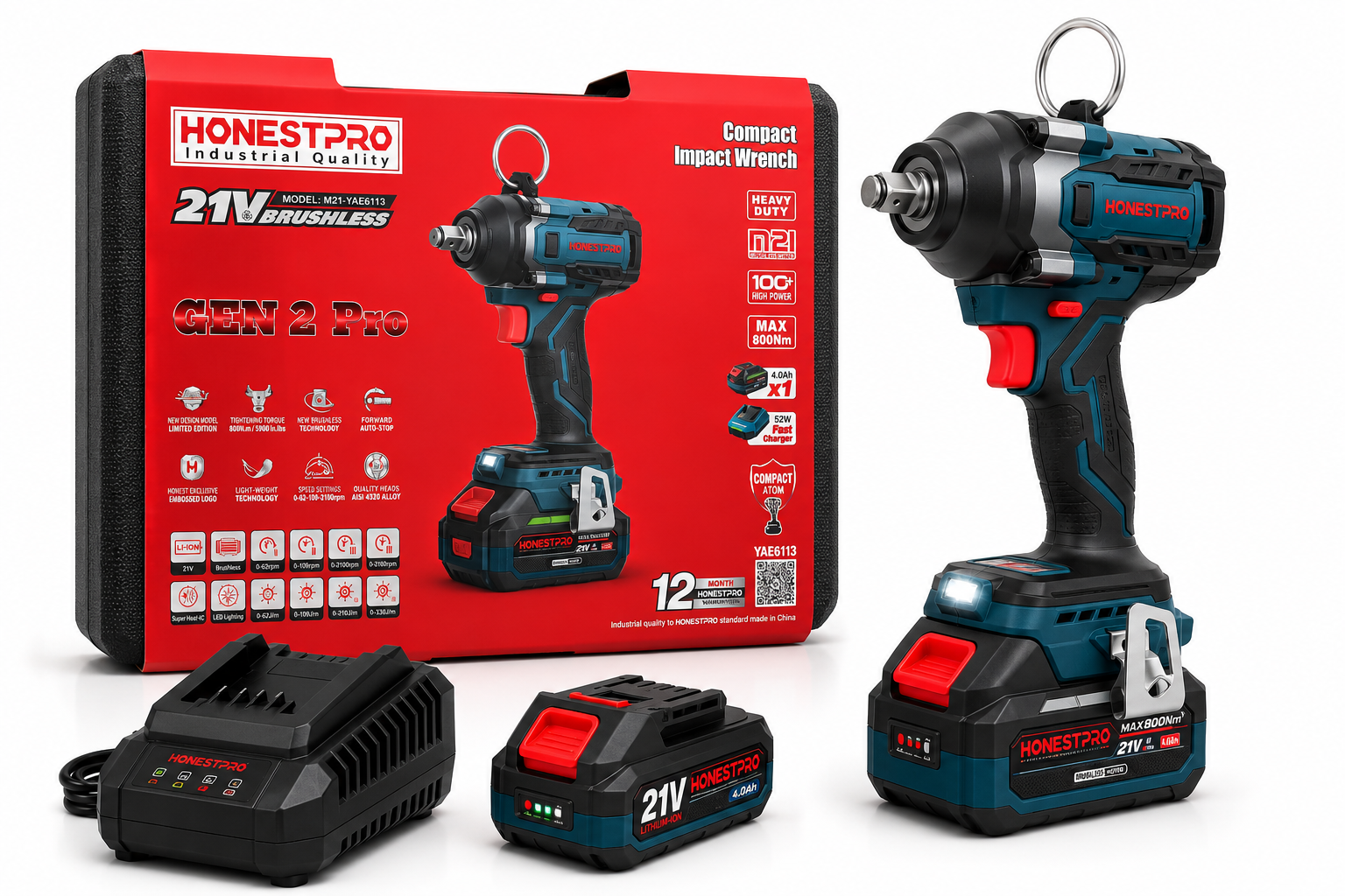 🔧 Clé à Chocs Sans Fil HONESTPRO GEN 2 Pro 21V Brushless – 800 Nm avec Batterie et Chargeur Rapide